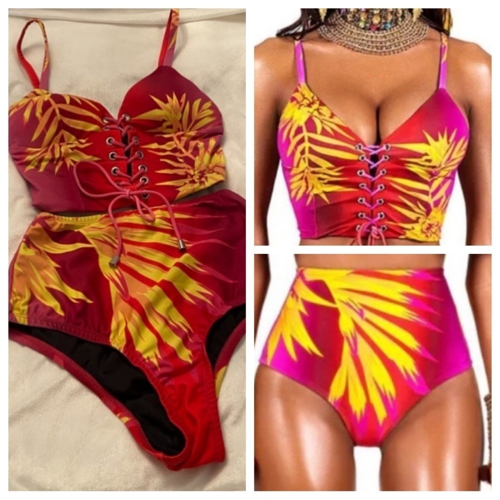 New! BFyne Red and Yellow Lace-Up tropical floral Bikini Set 3466